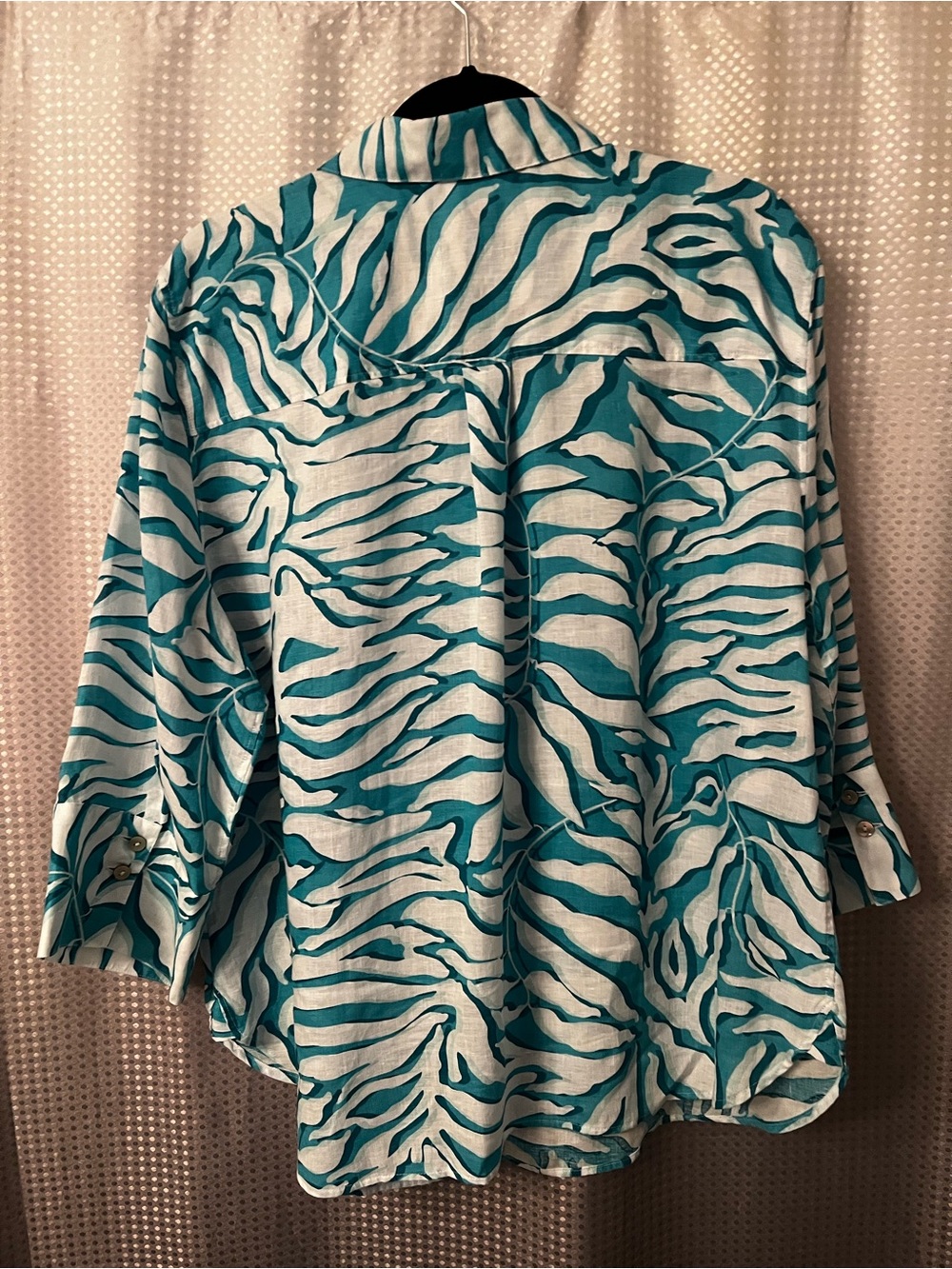 Chico's Teal and White Zebra-Print No Iron Linen Blouse - Picture 3 of 3